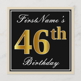 Invitación Elegante, negro, falso oro 46 cumpleaños + nombre