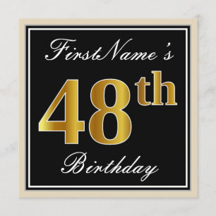 Invitación Elegante, negro, falso oro 48 cumpleaños + nombre
