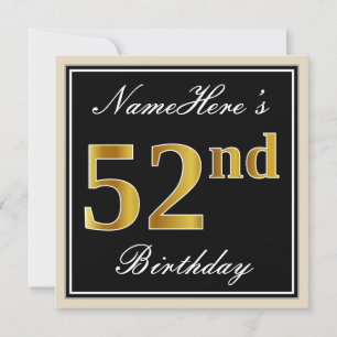 Invitación Elegante, negro, falso oro 52 cumpleaños + nombre
