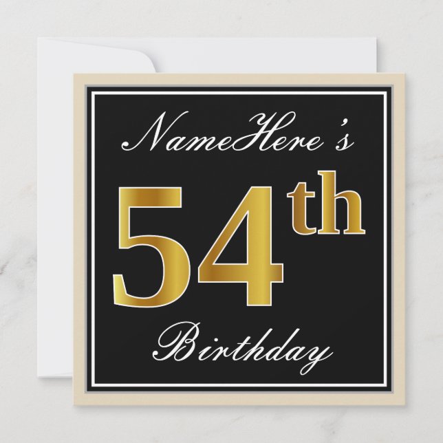 Invitación Elegante, negro, falso oro 54 cumpleaños + nombre (Anverso)