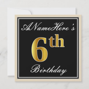 Invitación Elegante, negro, falso oro 6º cumpleaños + nombre