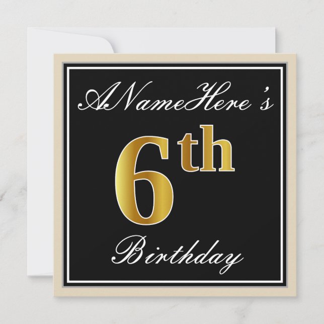 Invitación Elegante, negro, falso oro 6º cumpleaños + nombre (Anverso)