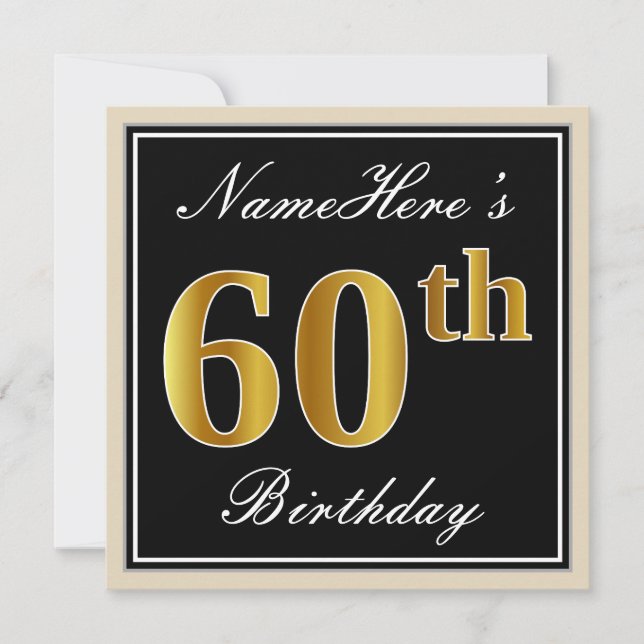 Invitación Elegante, negro, falso oro 60 cumpleaños + nombre (Anverso)