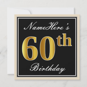 Invitación Elegante, negro, falso oro 60 cumpleaños + nombre