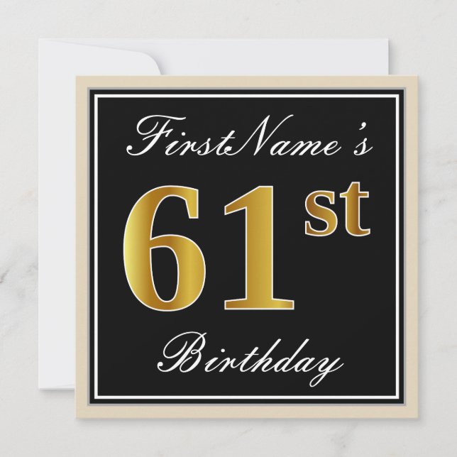 Invitación Elegante, negro, falso oro 61 cumpleaños + nombre (Anverso)