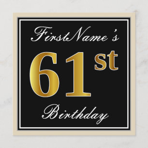 Invitación Elegante, negro, falso oro 61 cumpleaños + nombre