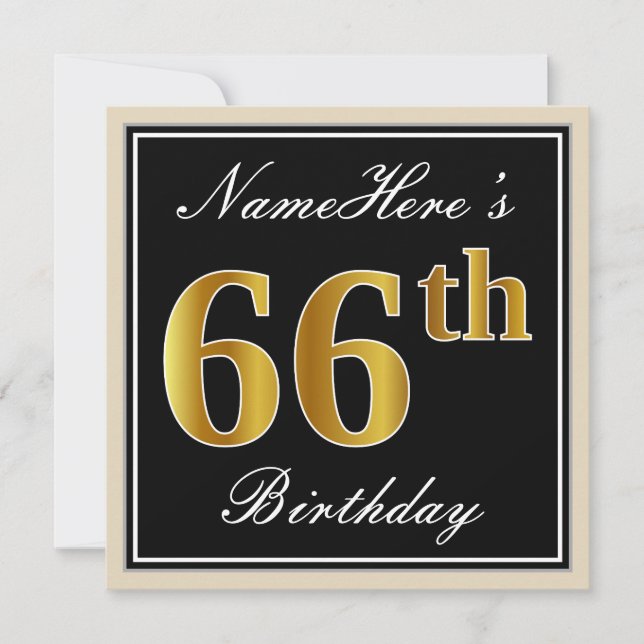 Invitación Elegante, negro, falso oro 66 cumpleaños + nombre (Anverso)