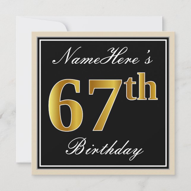 Invitación Elegante, negro, falso oro 67 cumpleaños + nombre (Anverso)