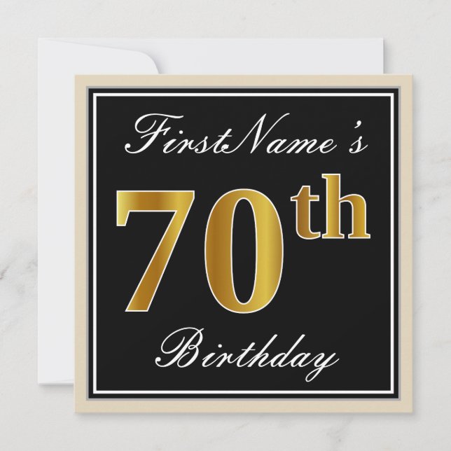 Invitación Elegante, negro, falso oro 70 cumpleaños + nombre (Anverso)