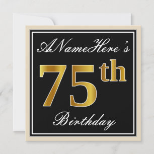 Invitación Elegante, negro, falso oro 75 cumpleaños + nombre