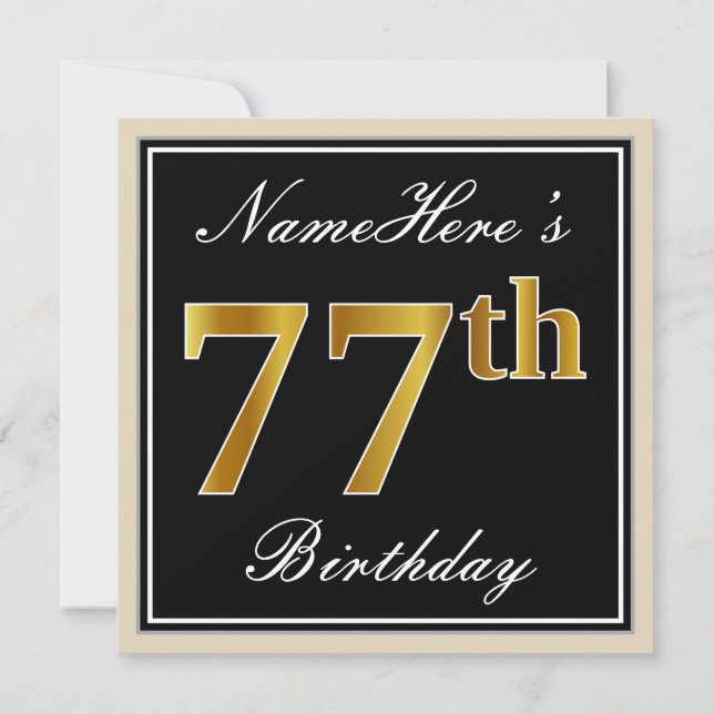 Invitación Elegante, negro, falso oro 77 cumpleaños + nombre (Anverso)