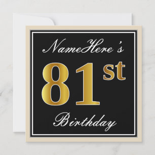 Invitación Elegante, negro, falso oro 81 cumpleaños + nombre