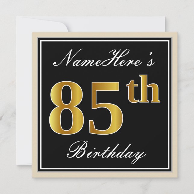 Invitación Elegante, negro, falso oro 85 cumpleaños + nombre (Anverso)
