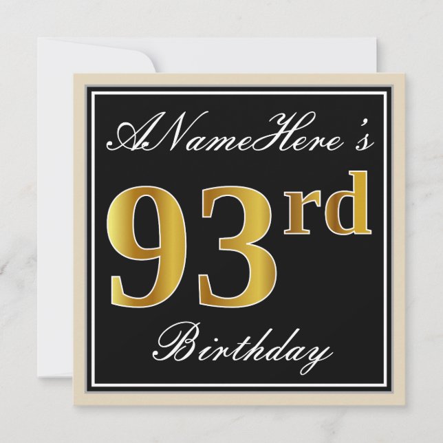 Invitación Elegante, negro, falso oro 93 cumpleaños + nombre (Anverso)