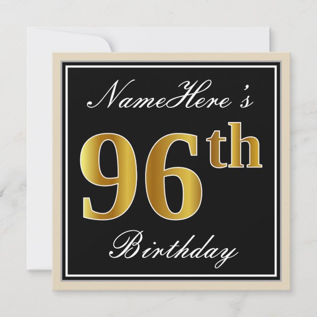 Invitación Elegante, negro, falso oro 96º cumpleaños + nombre (Anverso)