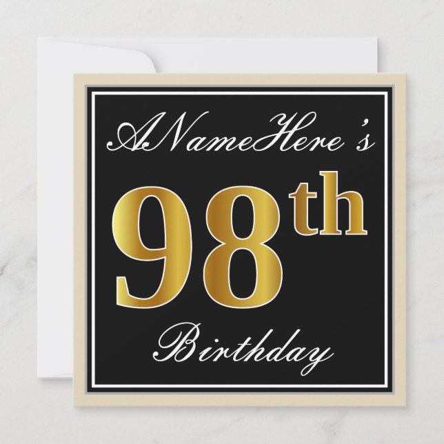 Invitación Elegante, negro, falso oro 98º cumpleaños + nombre (Anverso)