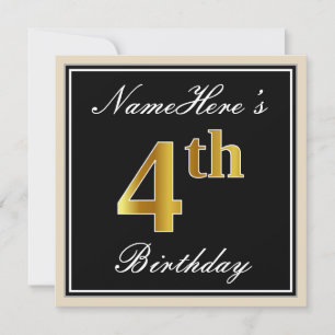Invitación Elegante, negro, falso oro cuarto cumpleaños + nom