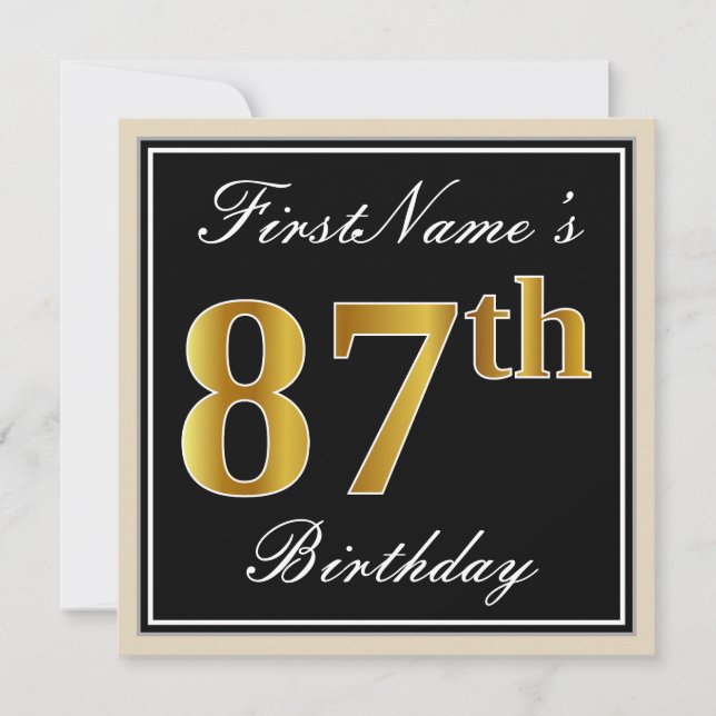 Invitación Elegante, Negro, Falso Oro Cumpleaños 87 + Nombre (Anverso)
