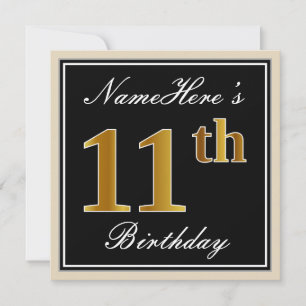Invitación Elegante, negro, falso oro Cumpleaños número 11 + 