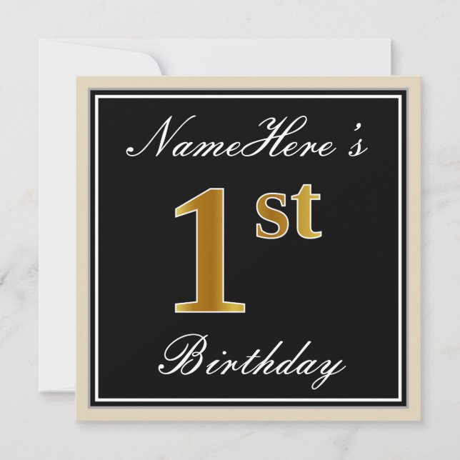 Invitación Elegante, negro, falso oro primer cumpleaños + nom (Anverso)
