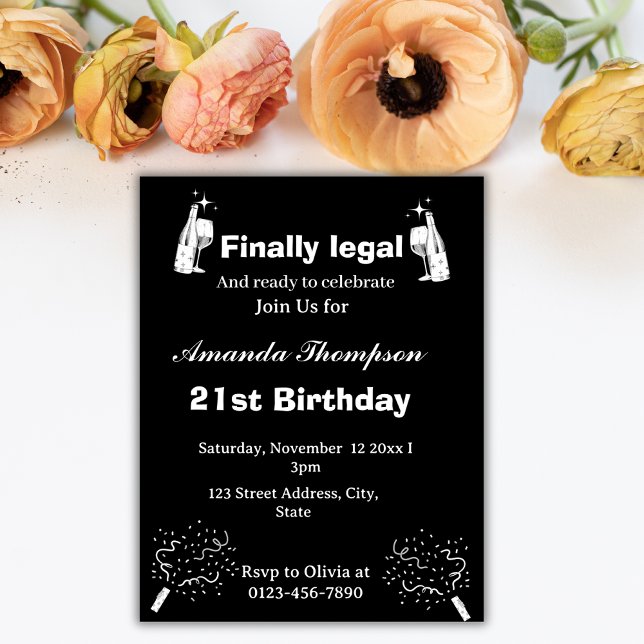 Invitación Elegante negro finalmente legal cumpleaños 21 (Subido por el creador)