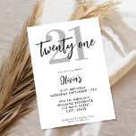 Invitación Elegante negro moderno cumpleaños 21<br><div class="desc">Una invitación moderna de 21 años con una tipografía caligráfica elegante y un diseño minimalista de color blanco y negro.</div>