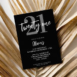 Invitación Elegante negro moderno cumpleaños 21<br><div class="desc">Una invitación moderna de 21 años con una tipografía caligráfica elegante y un diseño minimalista de color blanco y negro.</div>