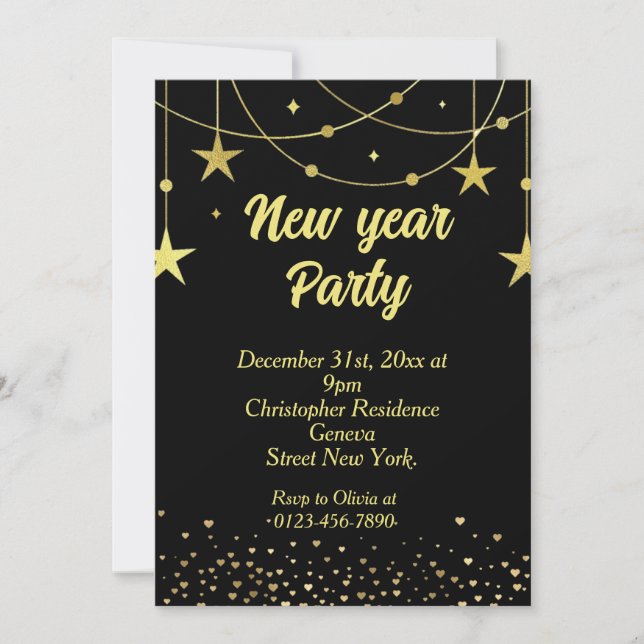 Invitación Elegante negro moderno y oro Año Nuevo Eve (Anverso)
