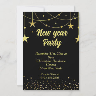 Invitación Elegante negro moderno y oro Año Nuevo Eve