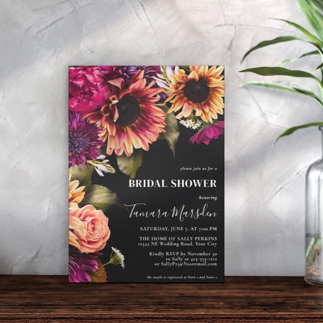 Invitación Elegante negro morado morado borgoña amarillo flor (Subido por el creador)