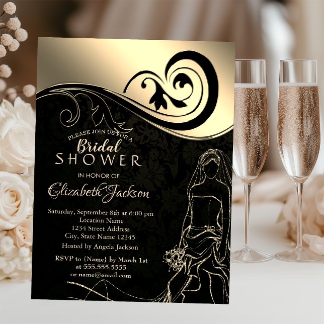 Invitación Elegante negro, novia de oro, ducha de novia (Subido por el creador)