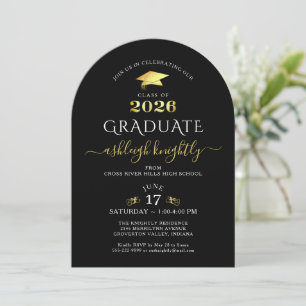 Invitación Elegante Negro Oro Falso Metálico Graduación 2026