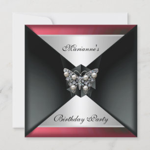 Invitación Elegante negro rojo rosa Perla Joyas Cumpleaños Pl