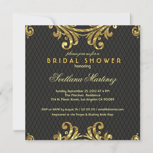 Invitación Elegante negro rojo y dorado ducha de novia 2 invi (Anverso)