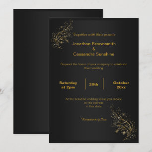 INVITACIÓN ELEGANTE NEGRO SIMPLE GOLD LEAF NEGRO REVERSO