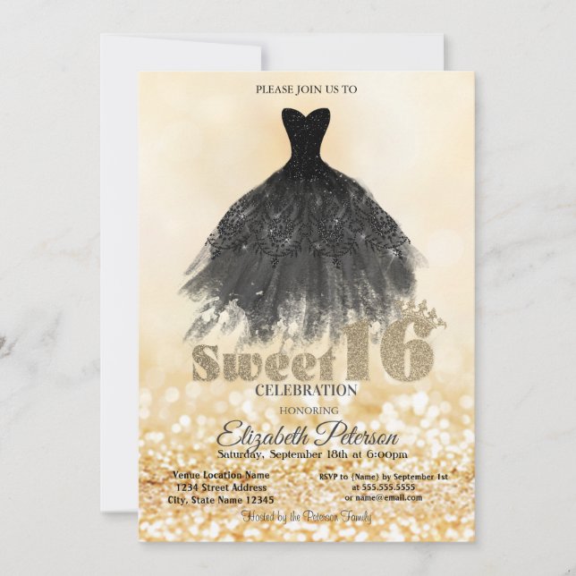 Invitación Elegante negro vestido de oro Bokeh dulce 16 Fiest (Anverso)