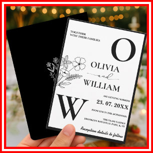 Invitación Elegante negro y blanco Boda floral minimalista