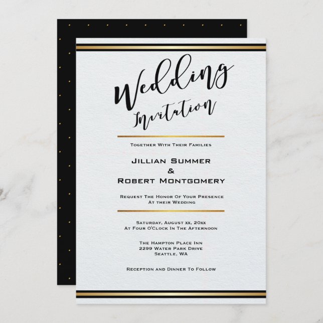 Invitación Elegante negro y blanco con Boda de oro (Anverso / Reverso)