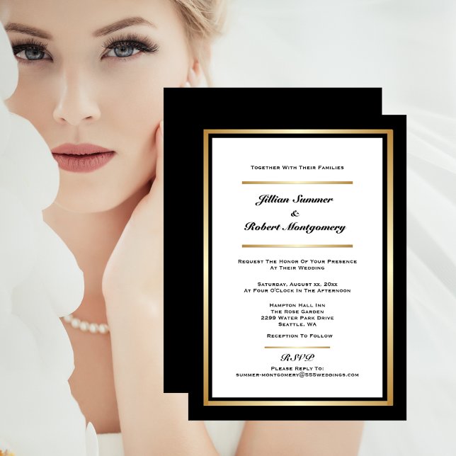 Invitación Elegante negro y blanco con Boda de oro (Elegant Black & White With Gold Wedding Invitation)