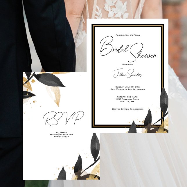 Invitación Elegante negro y blanco, con ducha de novia dorada (Subido por el creador)