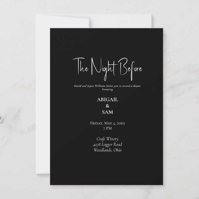 Invitación Elegante negro y blanco la noche antes del ensayo (Anverso)