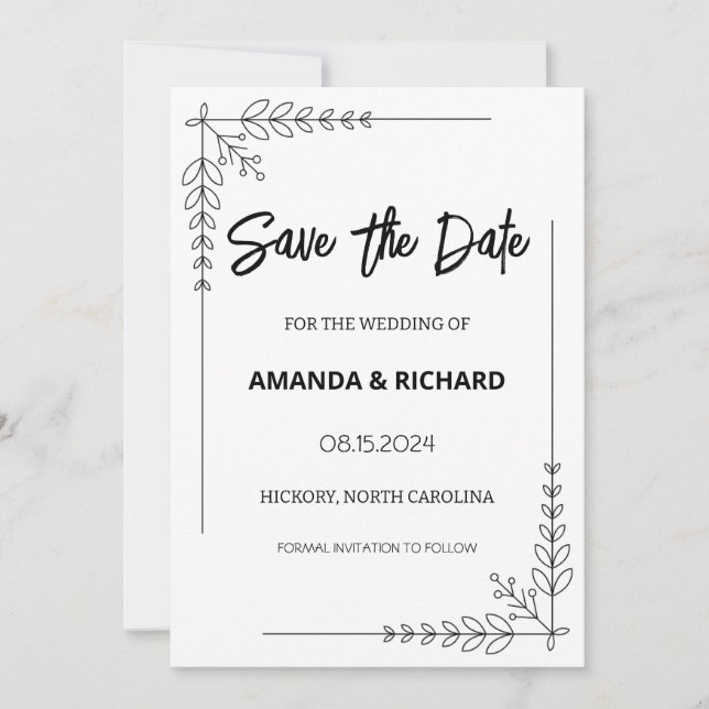 Invitación Elegante negro y blanco salvan la fecha (Anverso)