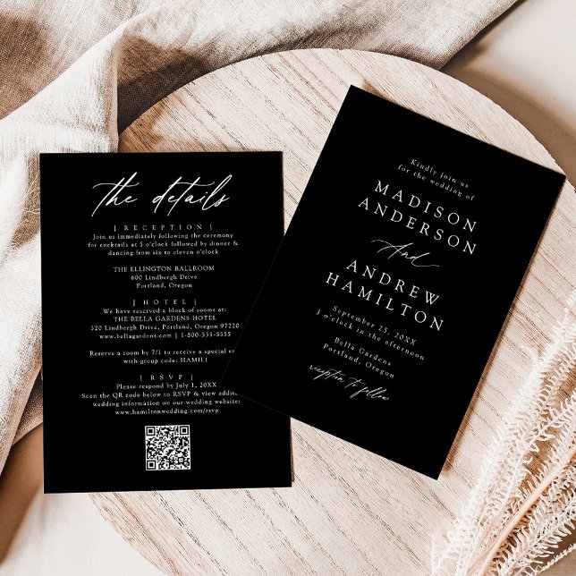 Invitación Elegante negro y blanco todo en un Boda de código  (Subido por el creador)