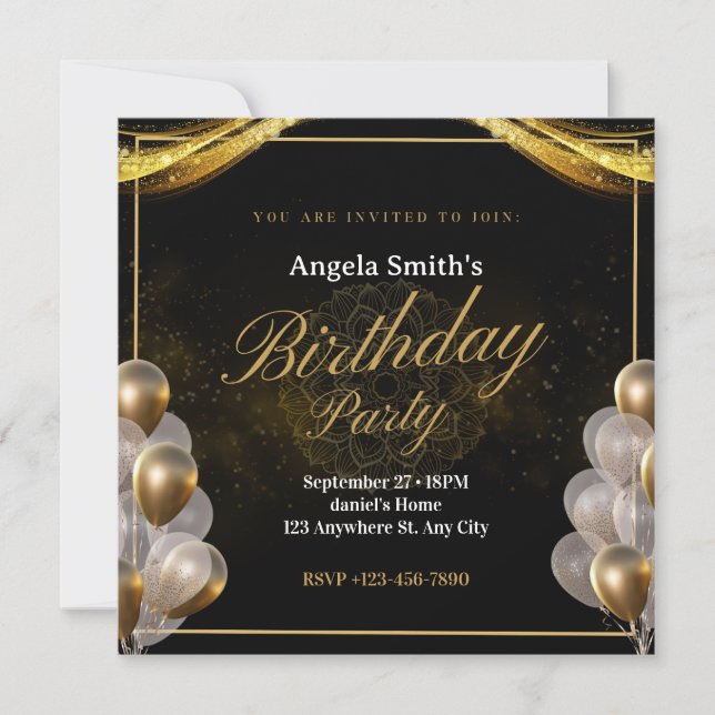 Invitación Elegante negro y cumpleaños dorado (Anverso)
