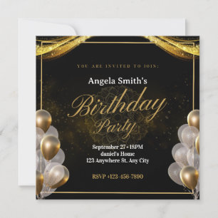 Invitación Elegante negro y cumpleaños dorado