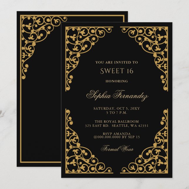Invitación Elegante negro y dulce dorado 16 (Anverso / Reverso)
