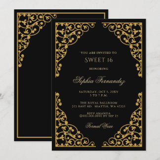 Invitación Elegante negro y dulce dorado 16