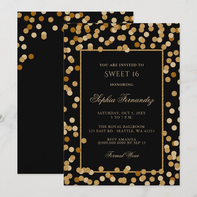 Invitación Elegante negro y dulce dorado 16 (Anverso / Reverso)
