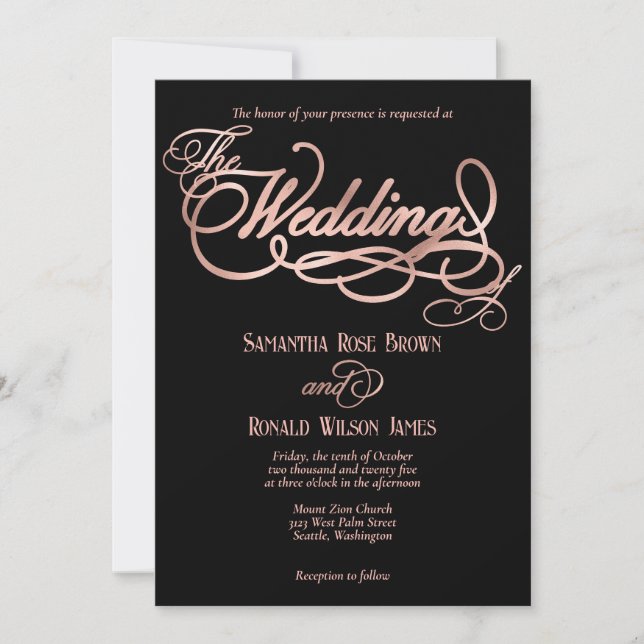 Invitación Elegante negro y falso Rosa Boda de caligrafía de  (Anverso)
