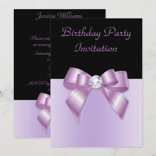 Invitación Elegante negro y lilac Diamond Bow Cumpleaños